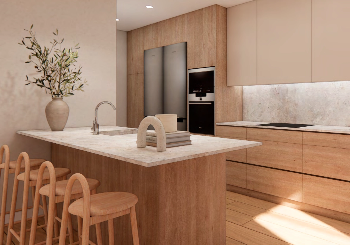 Las cocinas modernas están equipadas con electrodomésticos de alta gama y acabadas con materiales de primera calidad, creando un corazón funcional y elegante para el hogar.