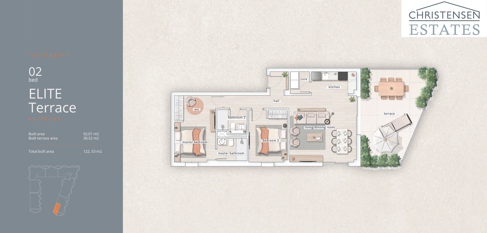 Plano del apartamento de dos dormitorios 'Elite Terrace', que ofrece una espaciosa zona de estar que se extiende a una impresionante terraza para una vida interior-exterior.