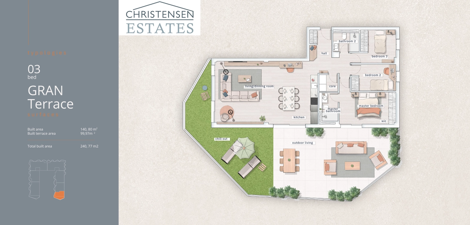 Plano del apartamento de tres dormitorios 'Gran Terrace', que presenta un amplio salón de planta abierta y tres dormitorios bien proporcionados con gran capacidad de almacenamiento.