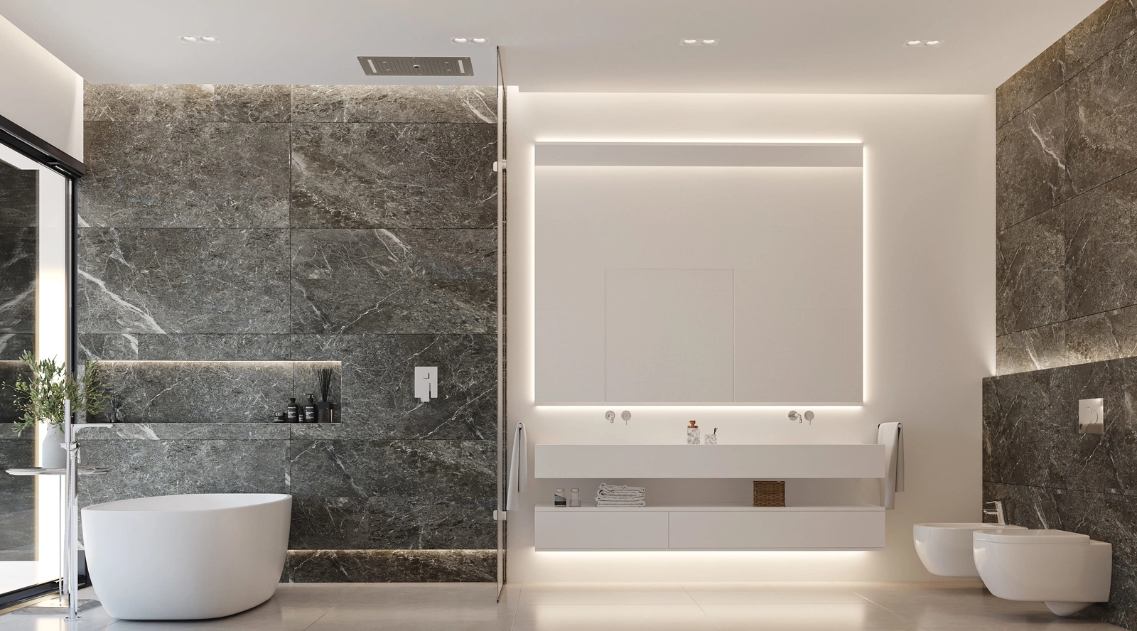 Un lujoso cuarto de baño con bañera exenta y materiales de primera calidad para una relajación total.