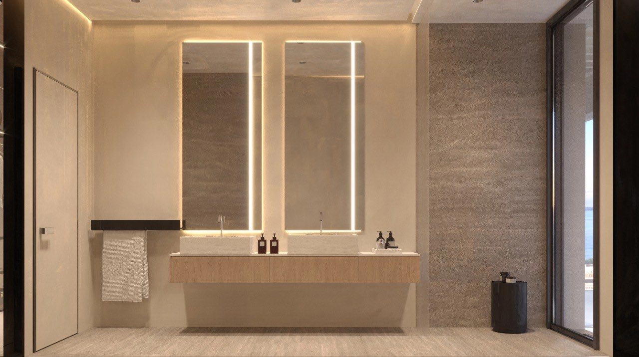 Elegante diseño de baño con una amplia ducha a ras de suelo e iluminación sofisticada.