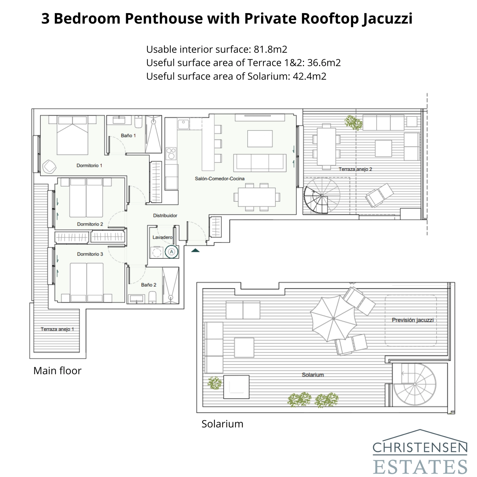 Este ático de tres dormitorios ofrece una distribución excepcional con dos terrazas en la planta principal y un gran solárium privado en el nivel superior, diseñado para un confort y exclusividad premium.