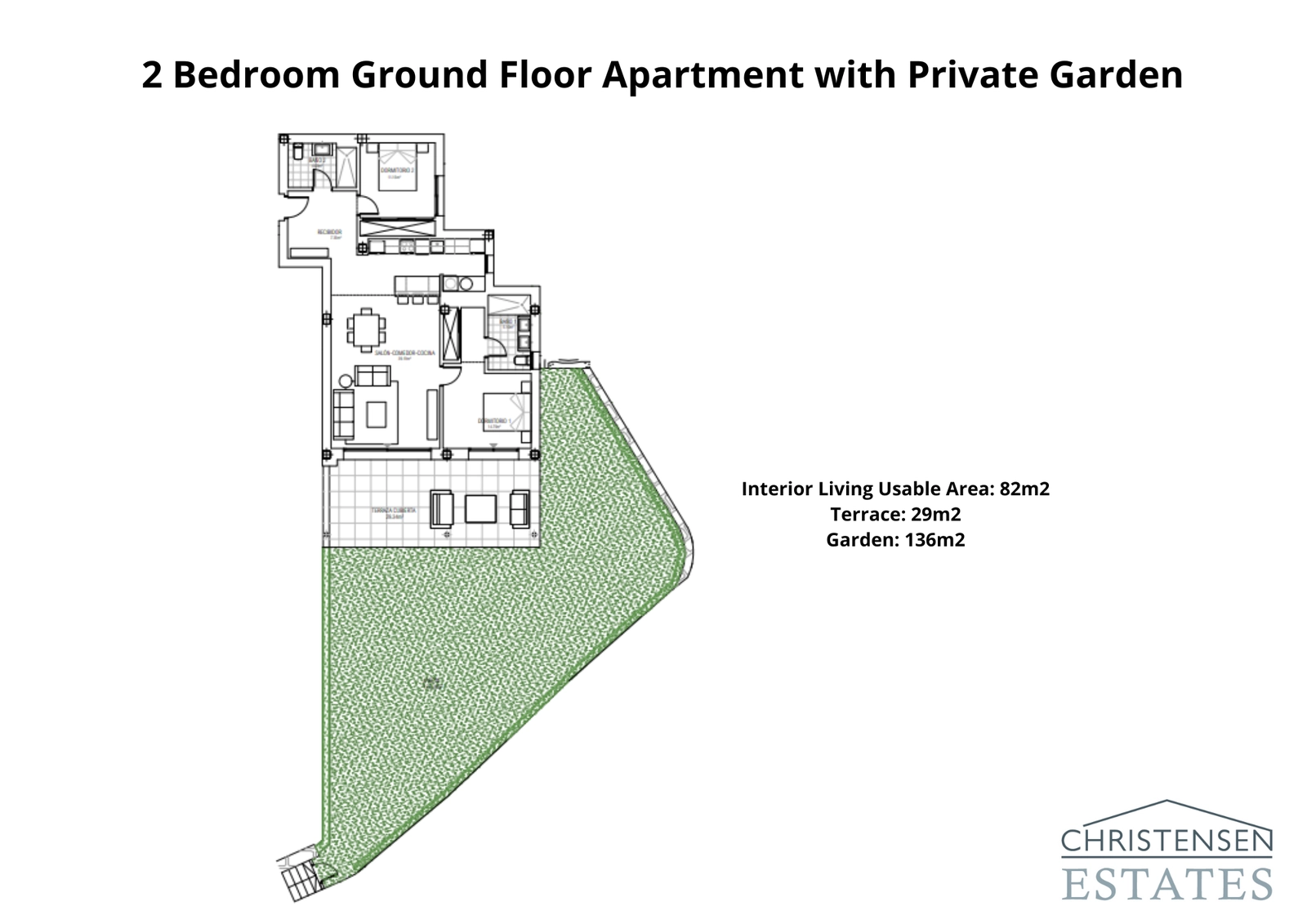Este plano de planta baja de dos dormitorios muestra una conexión fluida desde la zona de estar interior a una amplia terraza y un gran jardín privado, ideal para la vida al aire libre.