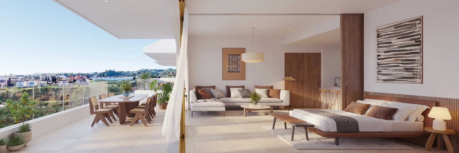 Interiores amplios se abren sin interrupciones a una gran terraza, perfectos para disfrutar del estilo de vida de la Costa del Sol.