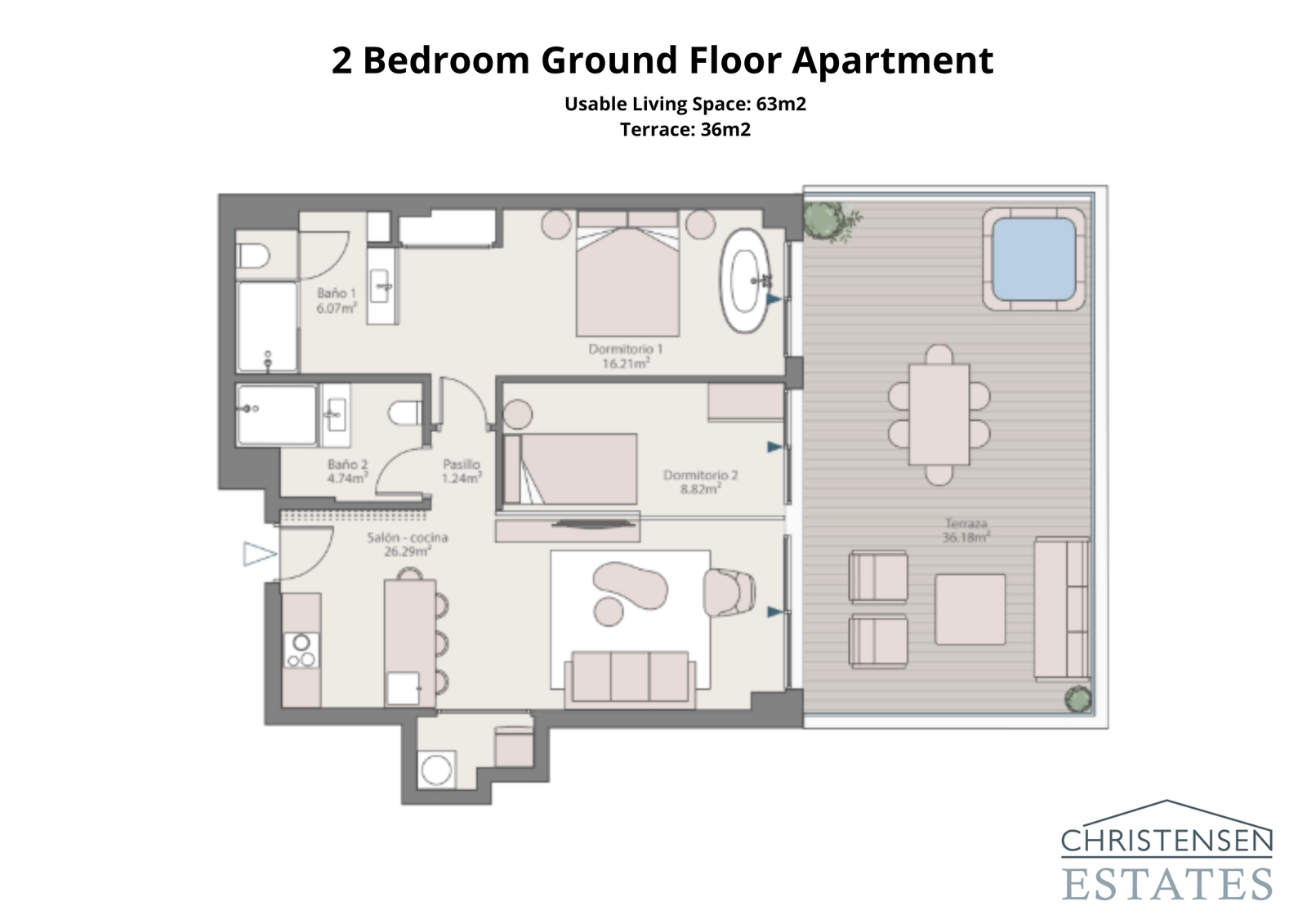 Una espaciosa vivienda de dos dormitorios en planta baja que ofrece una conexión perfecta con una gran terraza privada y zona de jardín.