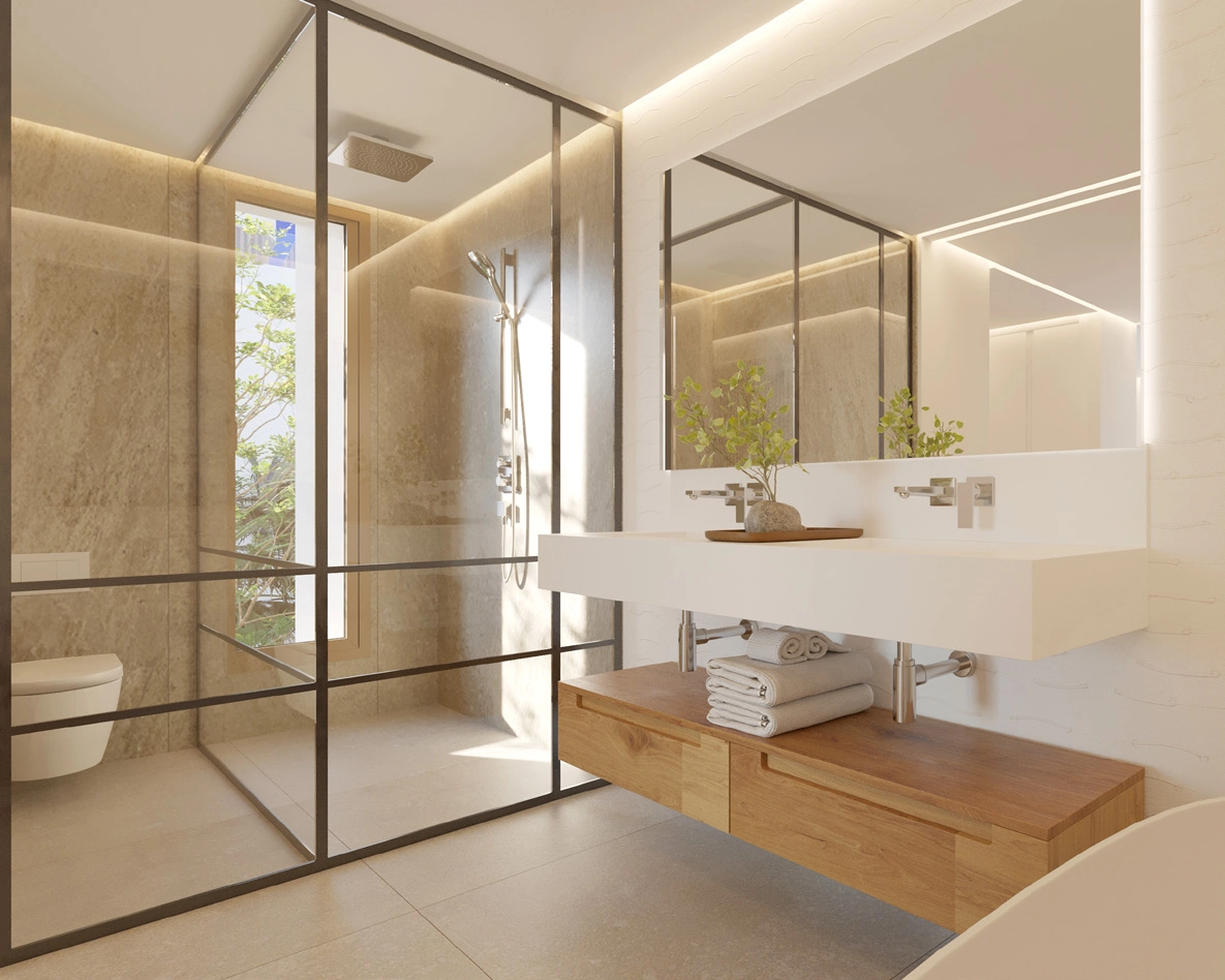 Un baño elegante y contemporáneo con materiales y acabados de alta calidad.