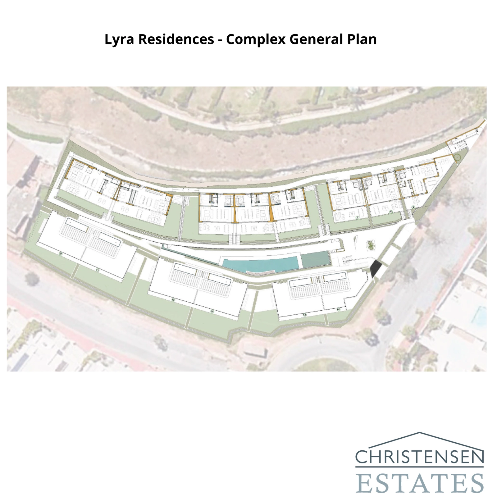 El plano general del complejo ilustra la cuidada distribución de las 15 viviendas, la piscina comunitaria y las zonas verdes dentro del exclusivo complejo Lyra Residences.