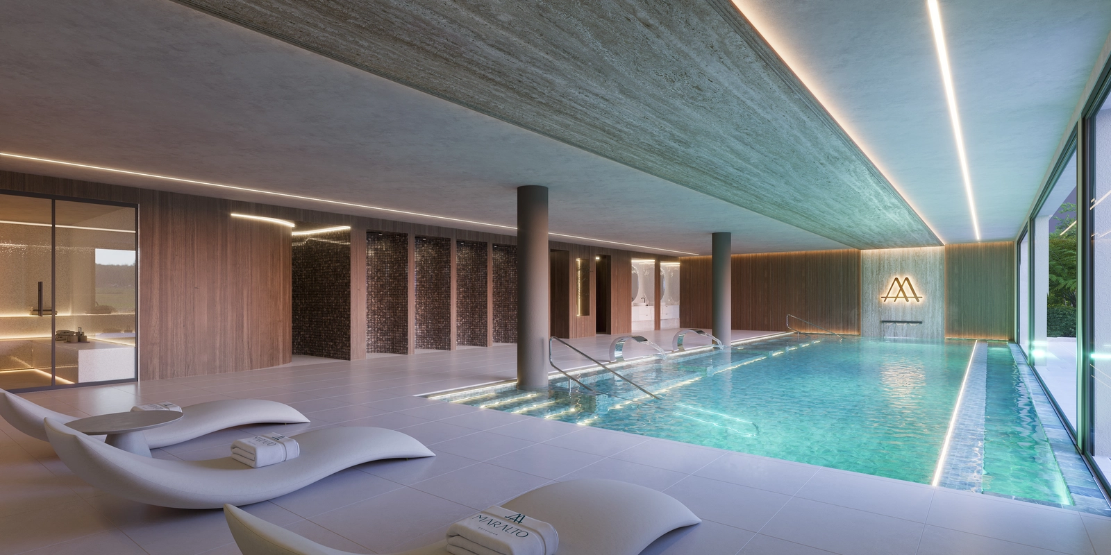 La lujosa piscina spa interior, que proporciona una perfecta escapada de bienestar para que los residentes disfruten durante todo el año.