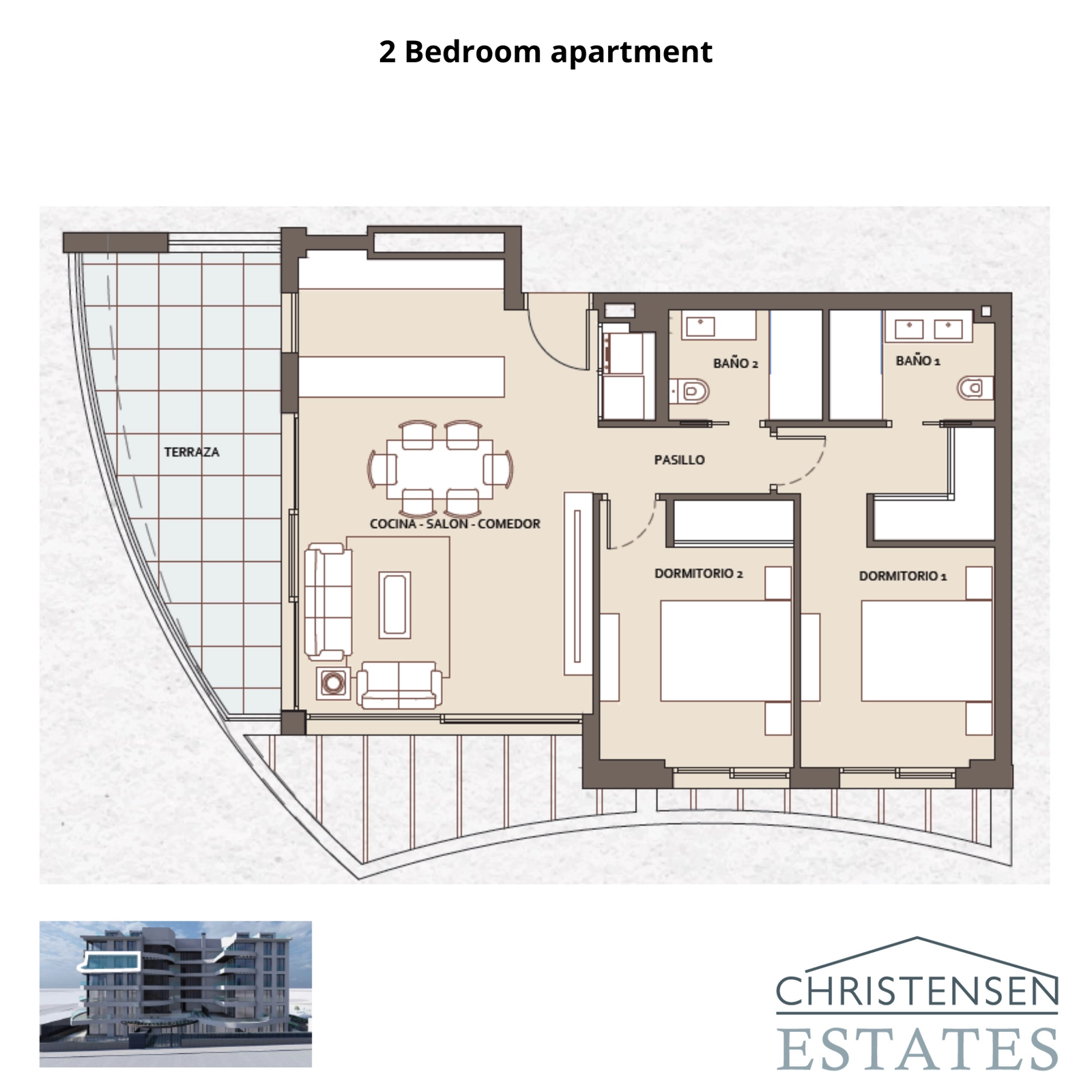 Distribución de un espacioso apartamento de dos dormitorios, con una sala de estar de concepto abierto y una gran terraza para maximizar las vistas y la luz.