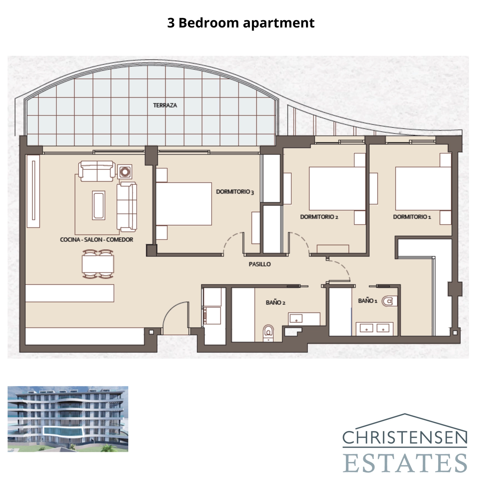 Plano de una vivienda de tres dormitorios, diseñada para el confort familiar con amplias estancias y una conexión fluida con el espacio exterior.
