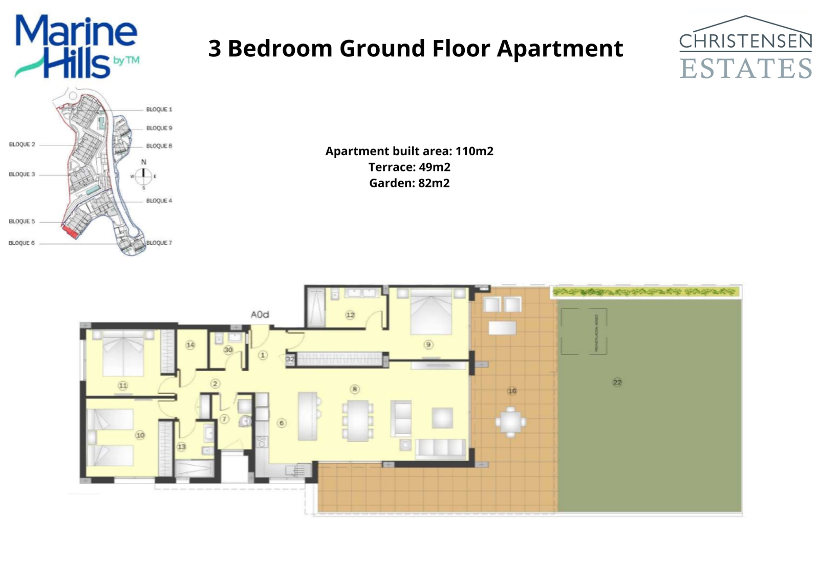 Este plano de un apartamento de tres dormitorios en planta baja destaca la espaciosa terraza y el jardín privado, extendiendo la zona de estar al exterior.