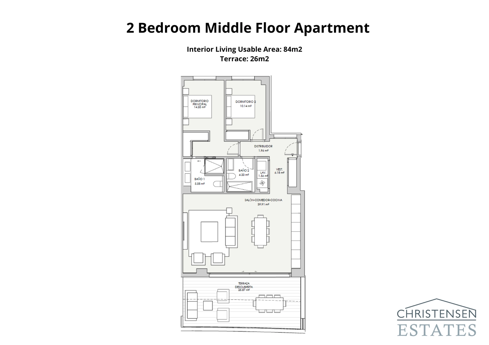 La distribución de este apartamento de dos dormitorios está diseñada para el confort y la funcionalidad, con una luminosa zona de estar y una terraza privada para disfrutar del agradable clima.