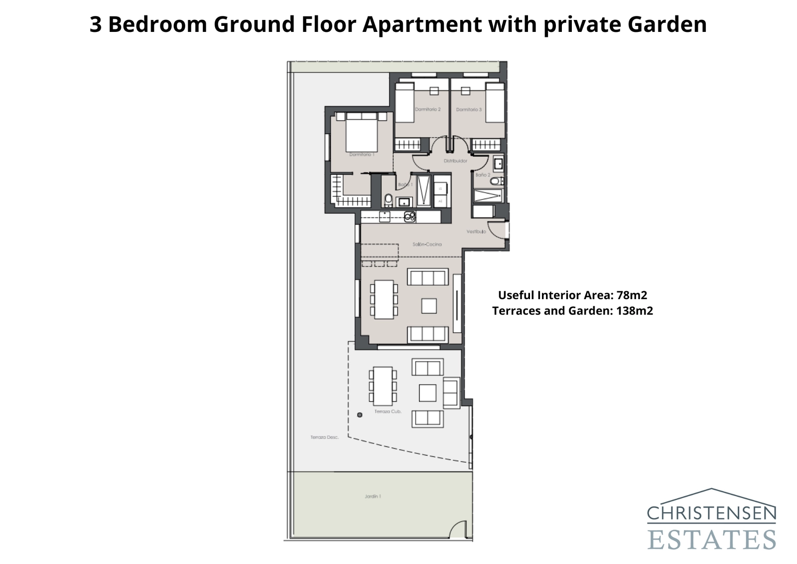 Este diseño de piso de planta baja de tres dormitorios cuenta con un gran jardín privado y terraza, ideal para un estilo de vida interior-exterior.