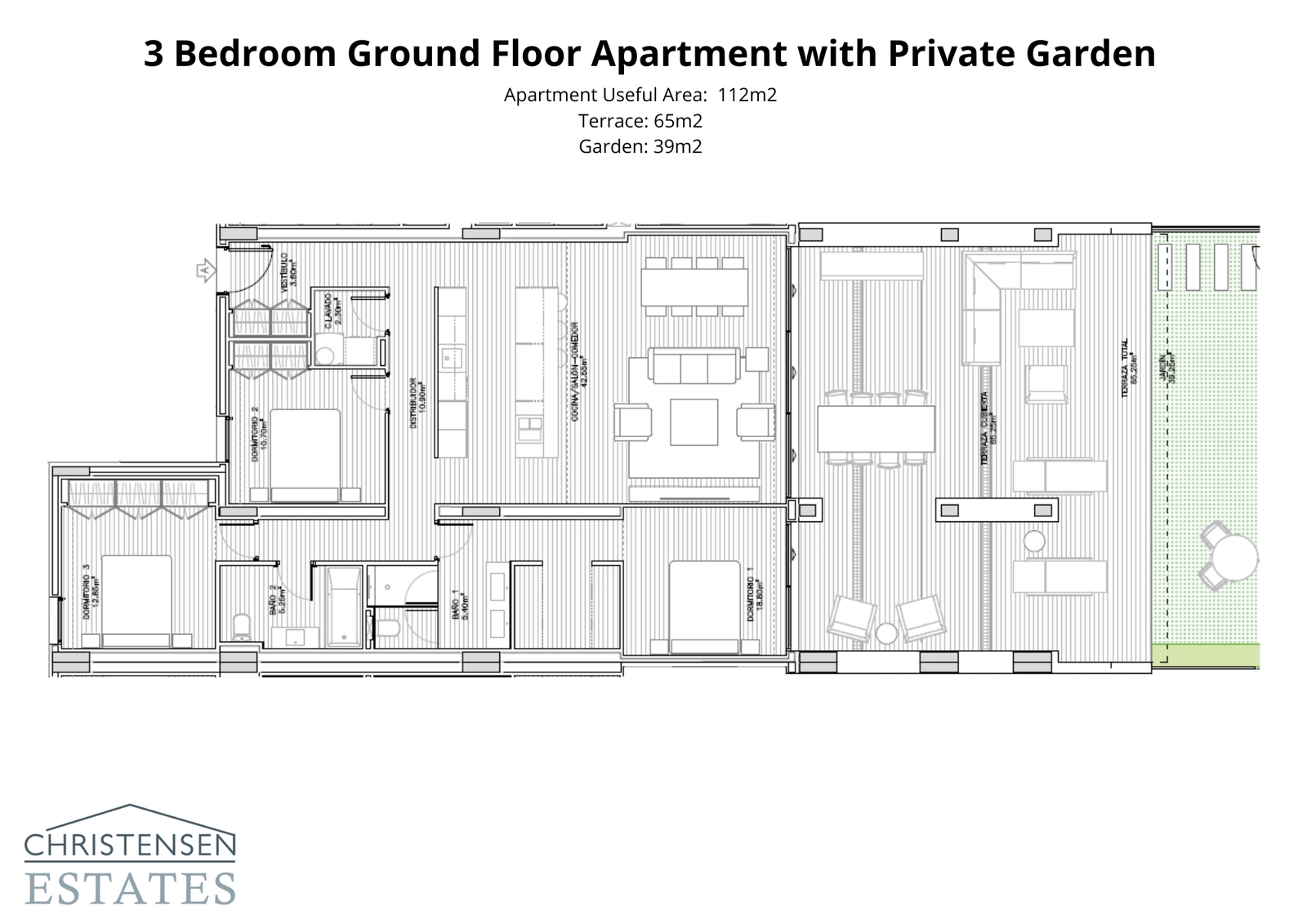 Distribución de un piso en planta baja de tres dormitorios, mostrando la conexión entre los amplios interiores y un generoso jardín privado.