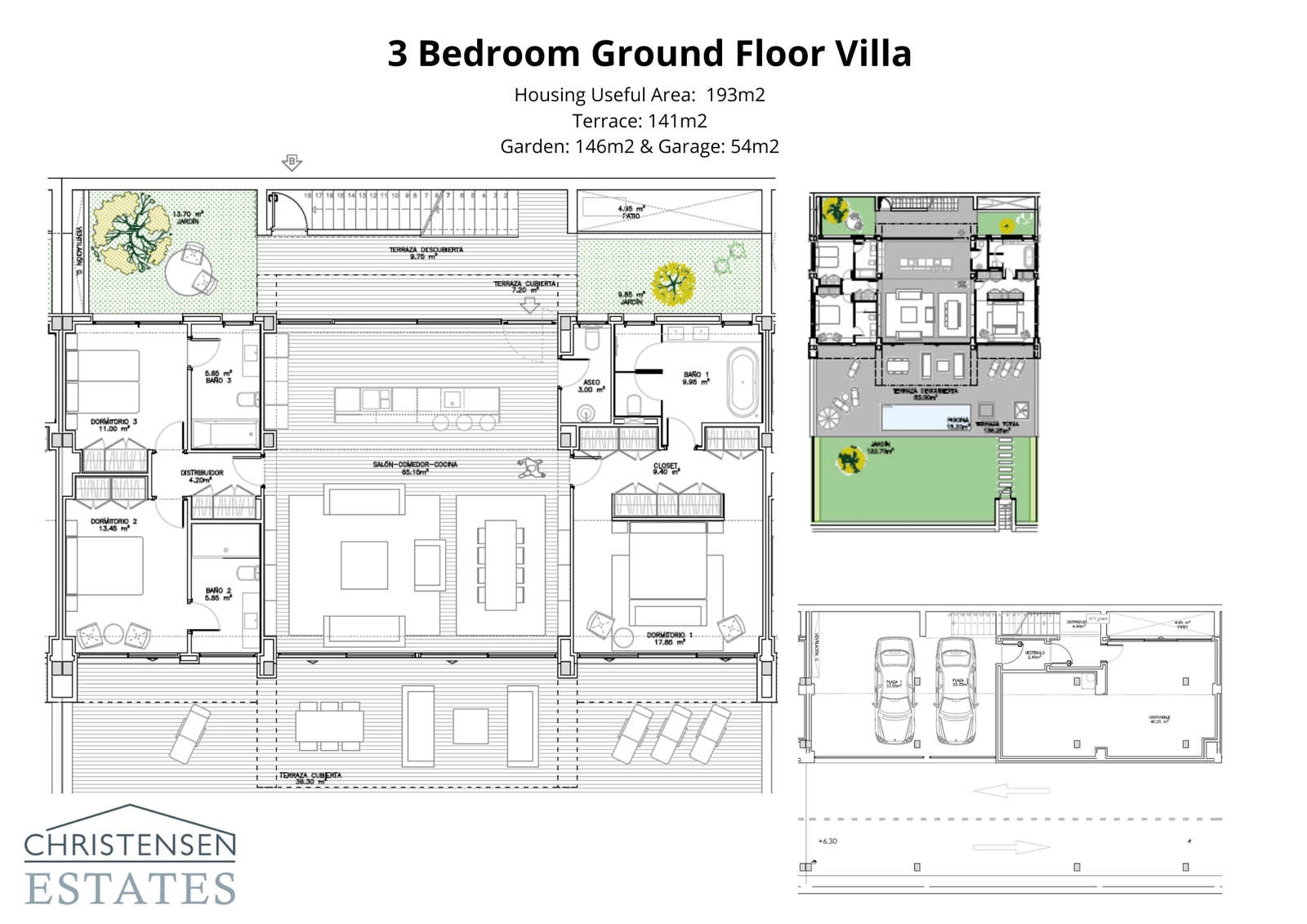 El plano de un exclusivo chalet de tres dormitorios, que detalla las amplias zonas de estar, la piscina privada, el jardín y el garaje subterráneo.