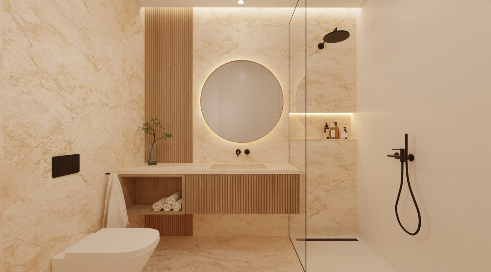 Un lujoso cuarto de baño que combina texturas naturales con accesorios modernos.