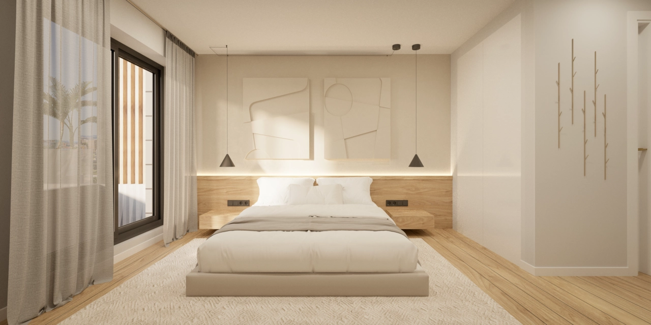 Un dormitorio principal tranquilo, diseñado como un refugio de paz, con líneas limpias y un ambiente cálido.