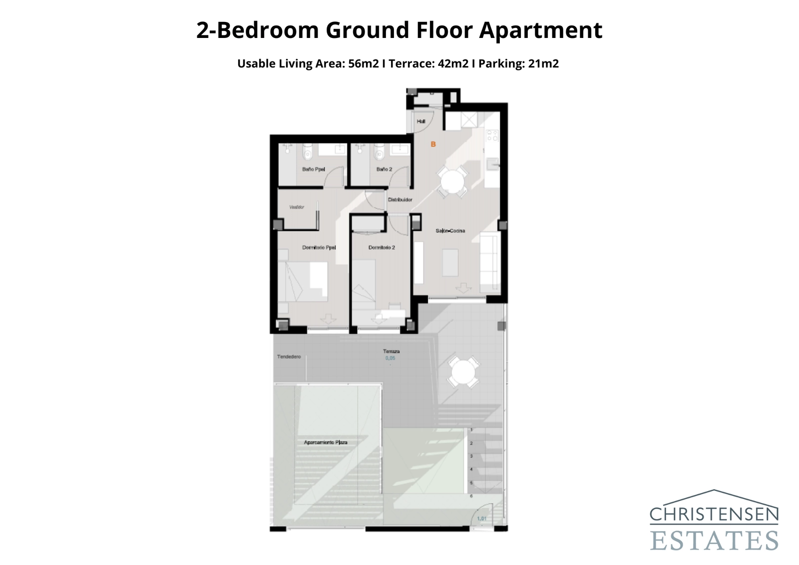 Plano de un piso de dos dormitorios en planta baja, destacando una amplia terraza y acceso directo a zonas exteriores.