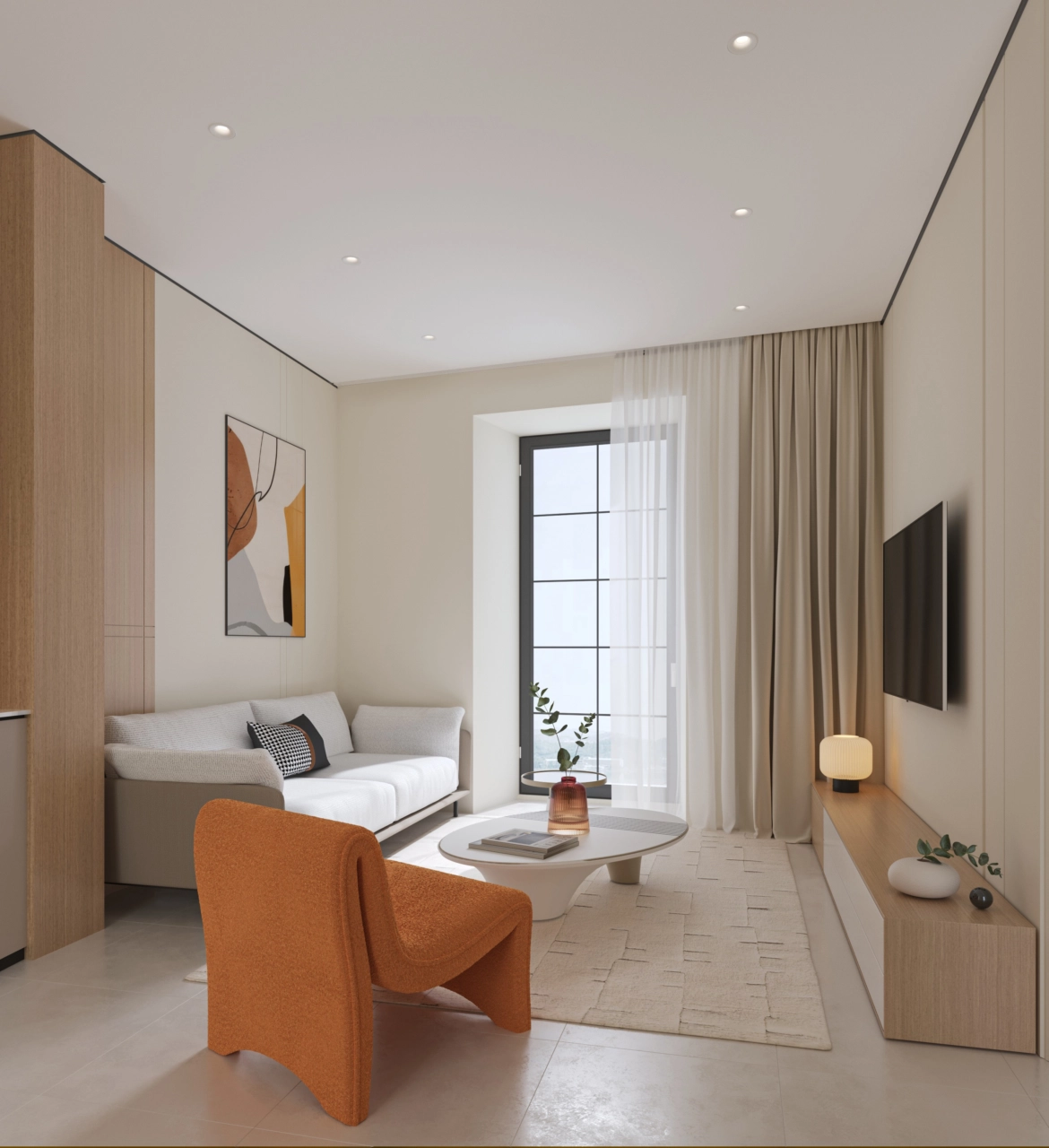 Un salón cómodo y contemporáneo, lleno de luz natural, perfecto para la relajación.