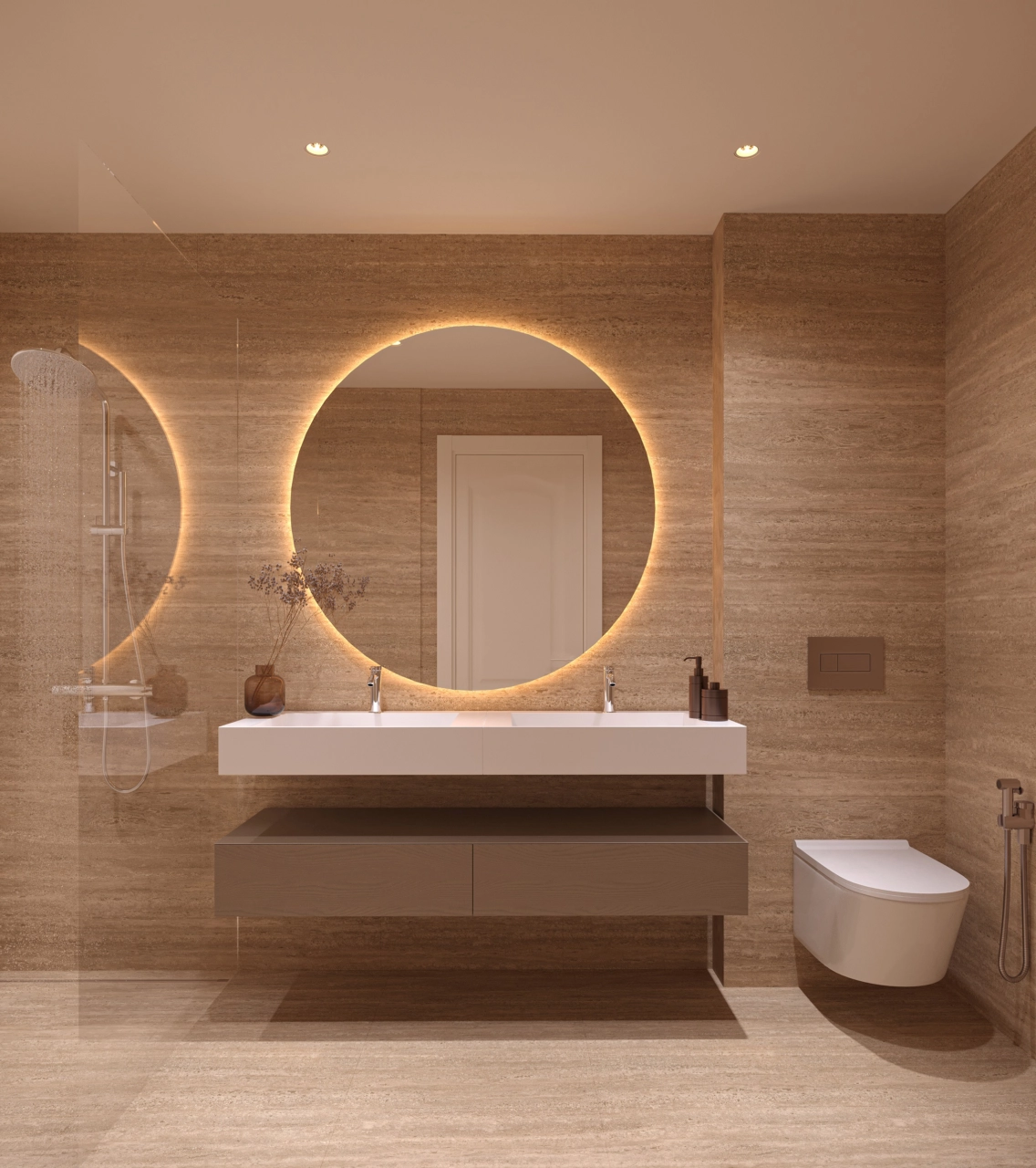 Un lujoso cuarto de baño con acabados de primera calidad, espejos retroiluminados y una amplia ducha a ras de suelo.