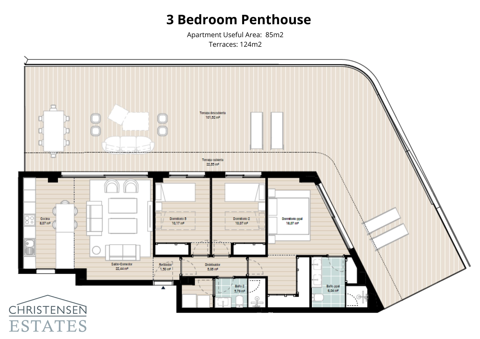 La distribución del ático de tres dormitorios presenta una magnífica terraza envolvente, que proporciona un amplio espacio para relajarse y entretenerse.