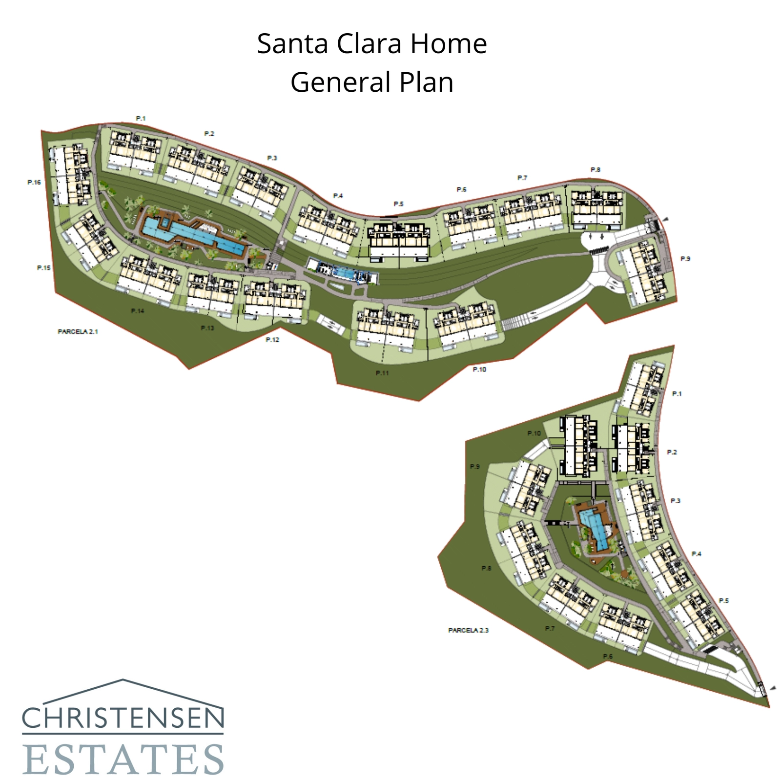 El plano de la urbanización muestra la cuidada distribución del complejo, maximizando las vistas, la privacidad y las zonas verdes para todos los residentes.