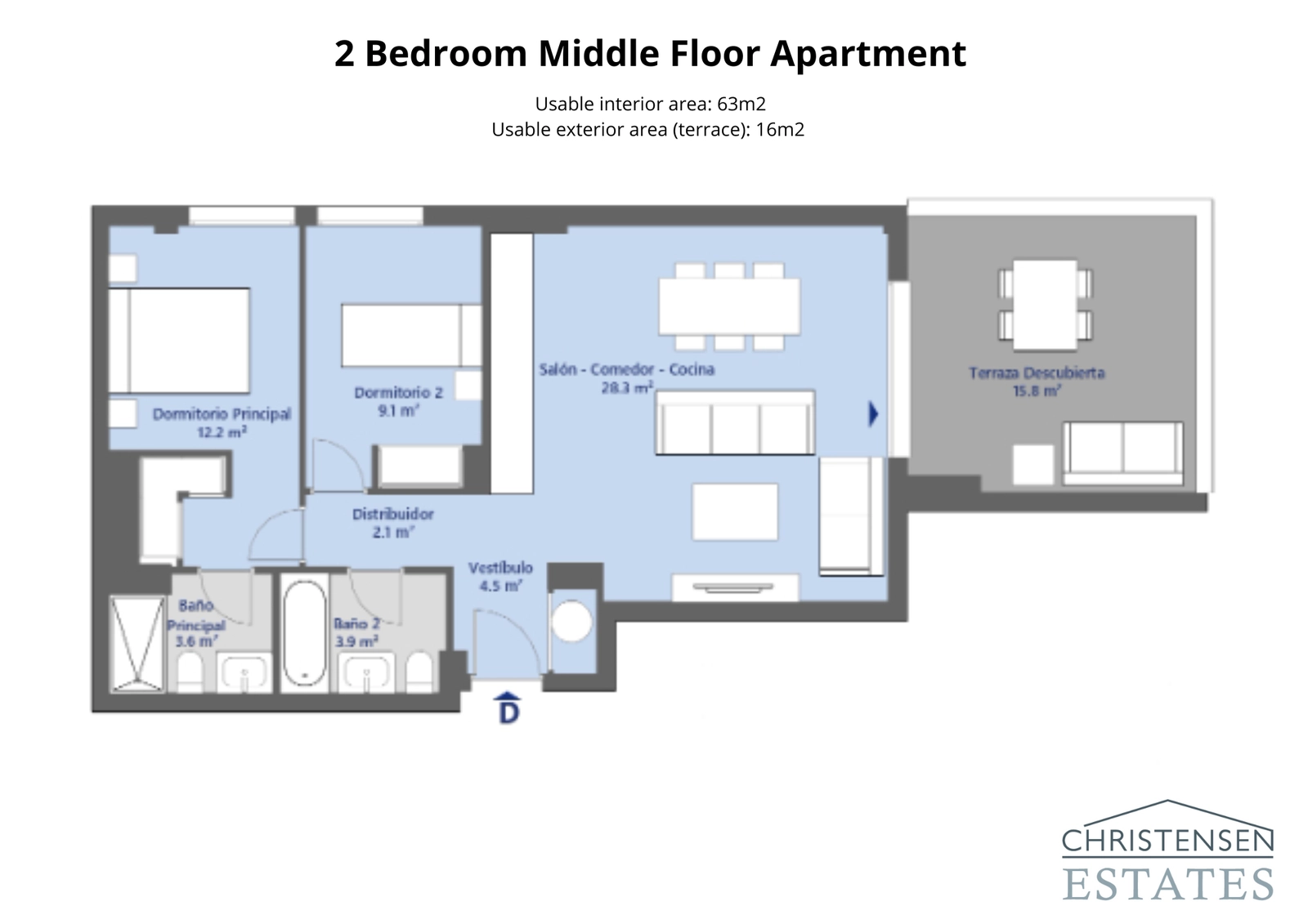 Vivienda de dos dormitorios en planta intermedia – Un diseño eficiente y moderno con una zona de estar abierta que se extiende a una hermosa terraza.