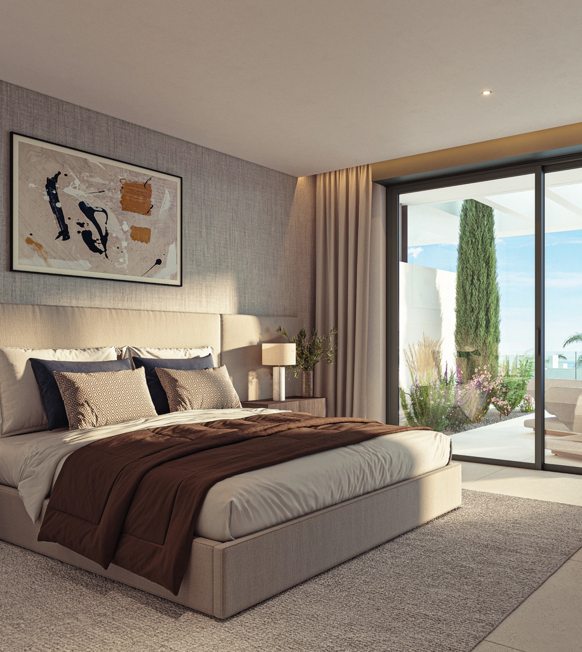 Despierte en un sereno dormitorio principal con acceso directo a su terraza privada.