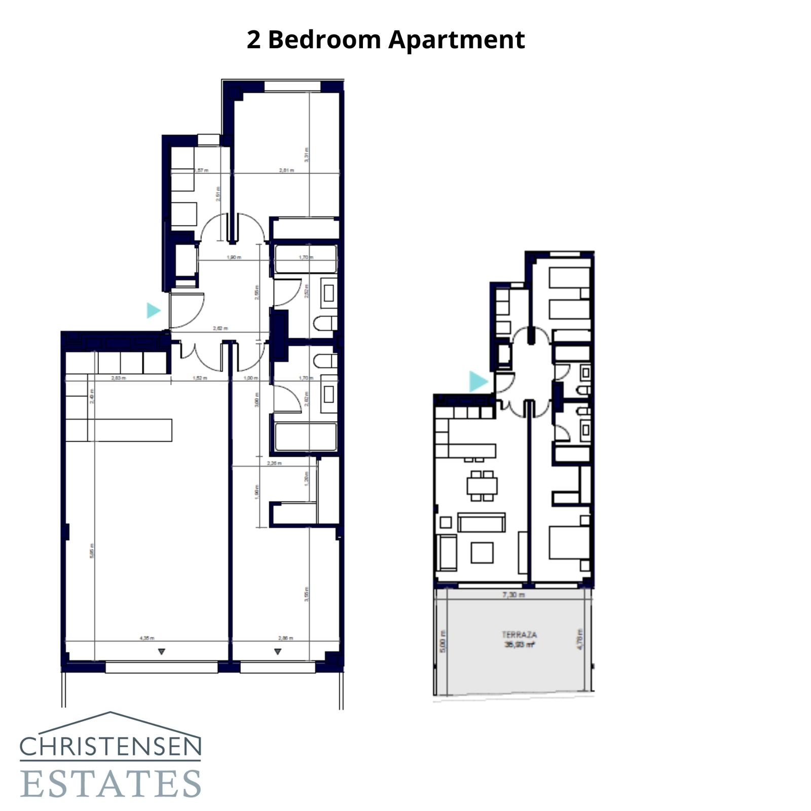 Plano de un apartamento de dos dormitorios, que muestra un espacio de vida bien distribuido y funcional.