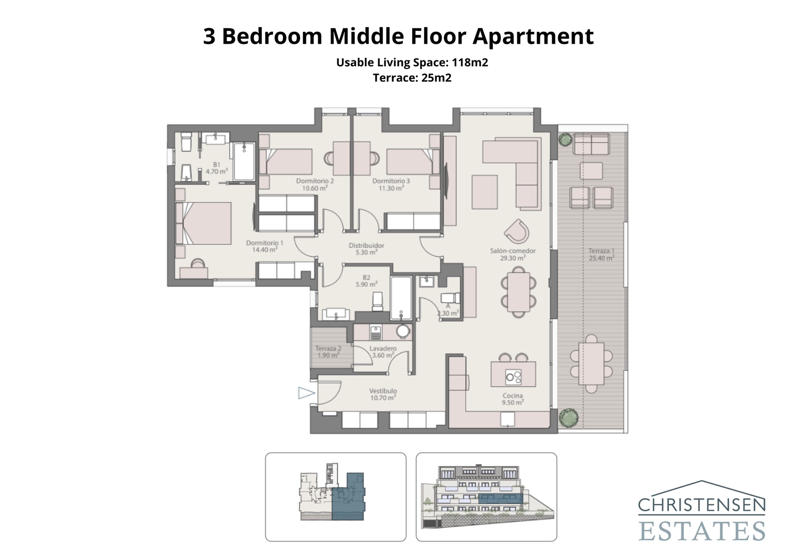 Un espacioso plano de apartamento de tres dormitorios, con una generosa zona de día y dos terrazas para disfrutar de la vida interior-exterior.