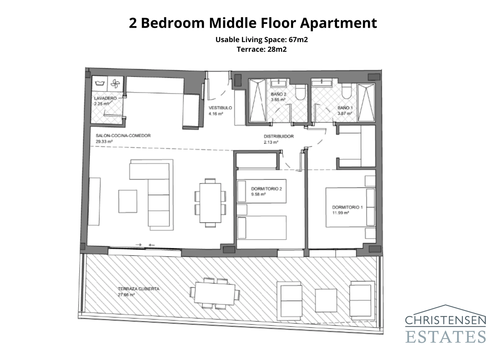 Este plano de apartamento de dos dormitorios cuenta con una zona de estar de planta abierta que da a una amplia terraza, perfecta para vivir tanto en el interior como en el exterior.