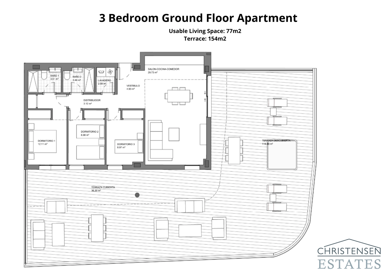 El plano de una vivienda de tres dormitorios en planta baja, que muestra amplios interiores conectados a una terraza muy grande y a un jardín privado.