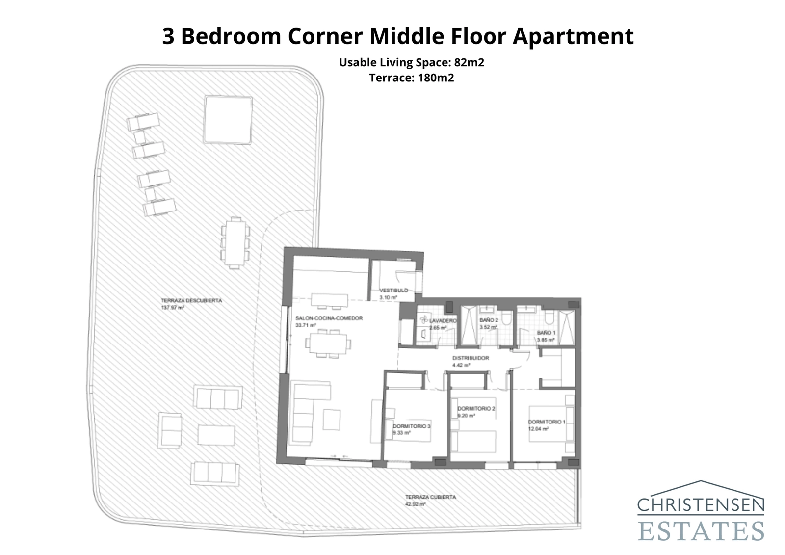Este espacioso apartamento en esquina de tres dormitorios se beneficia de una impresionante terraza envolvente, que ofrece múltiples zonas para la relajación y el comedor.
