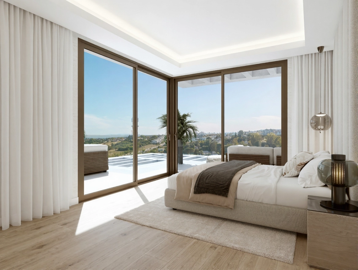 Despierte con hermosas vistas desde el dormitorio principal, que se abre a una terraza privada.