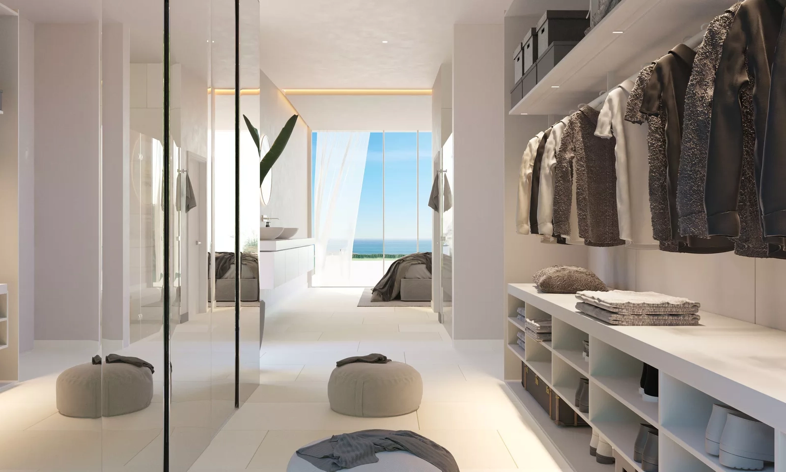 Un amplio y bien diseñado vestidor que ofrece un gran espacio de almacenamiento y un toque de lujo diario.