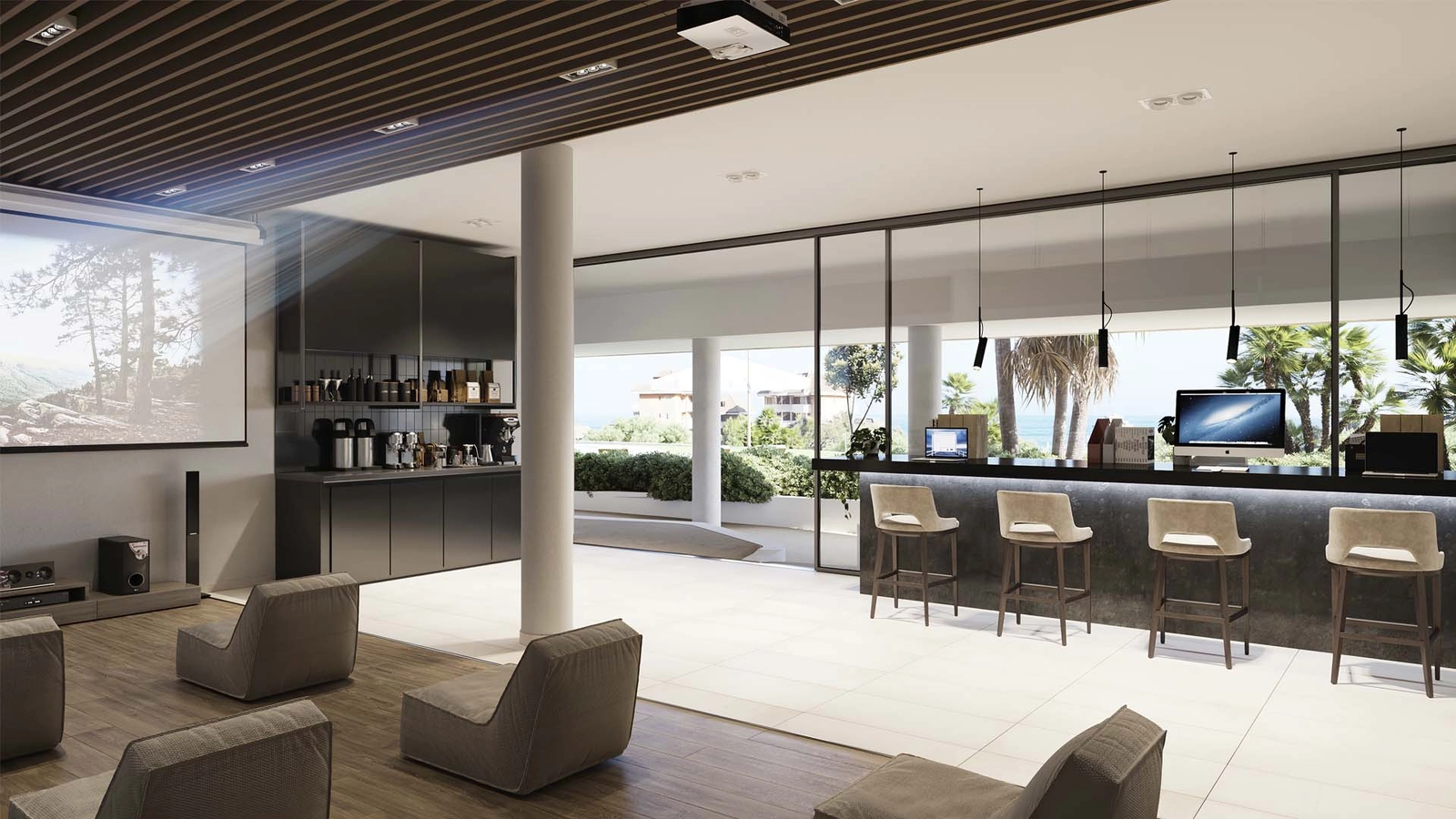 Una elegante zona de co-working y salón social para que los residentes conecten, trabajen y se relajen.