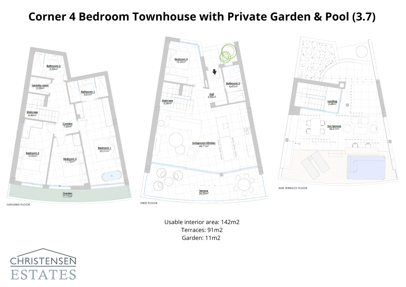 El amplio plano de esquina de 4 dormitorios, con jardín, varias terrazas y generosos espacios interiores para la vida familiar.