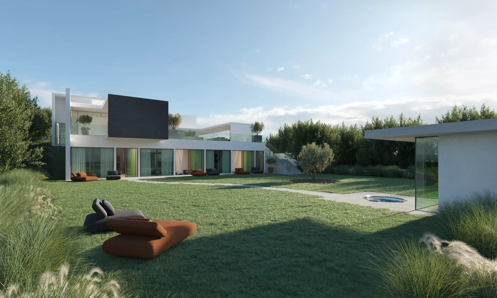 El amplio jardín privado ofrece un espacio sereno y verde que rodea esta lujosa vivienda.