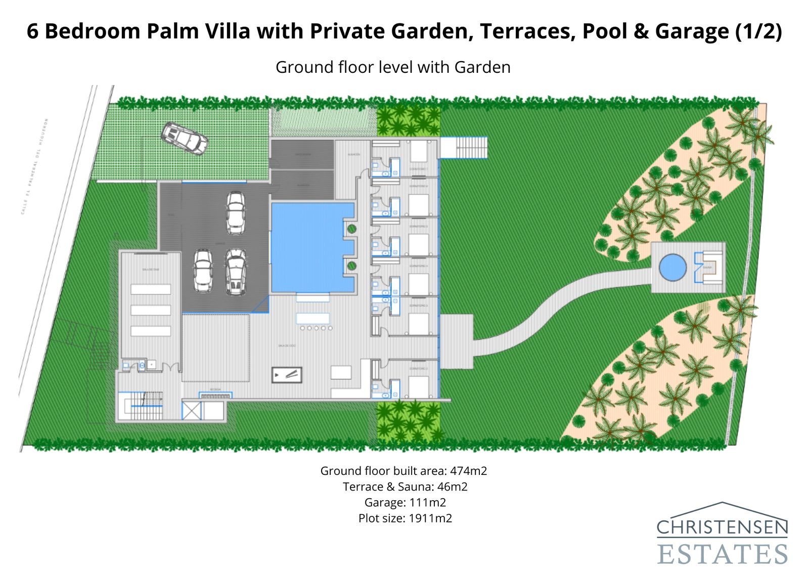Distribución de la planta baja con cinco suites, un amplio garaje y zonas de ocio, todas con acceso al hermoso jardín privado.