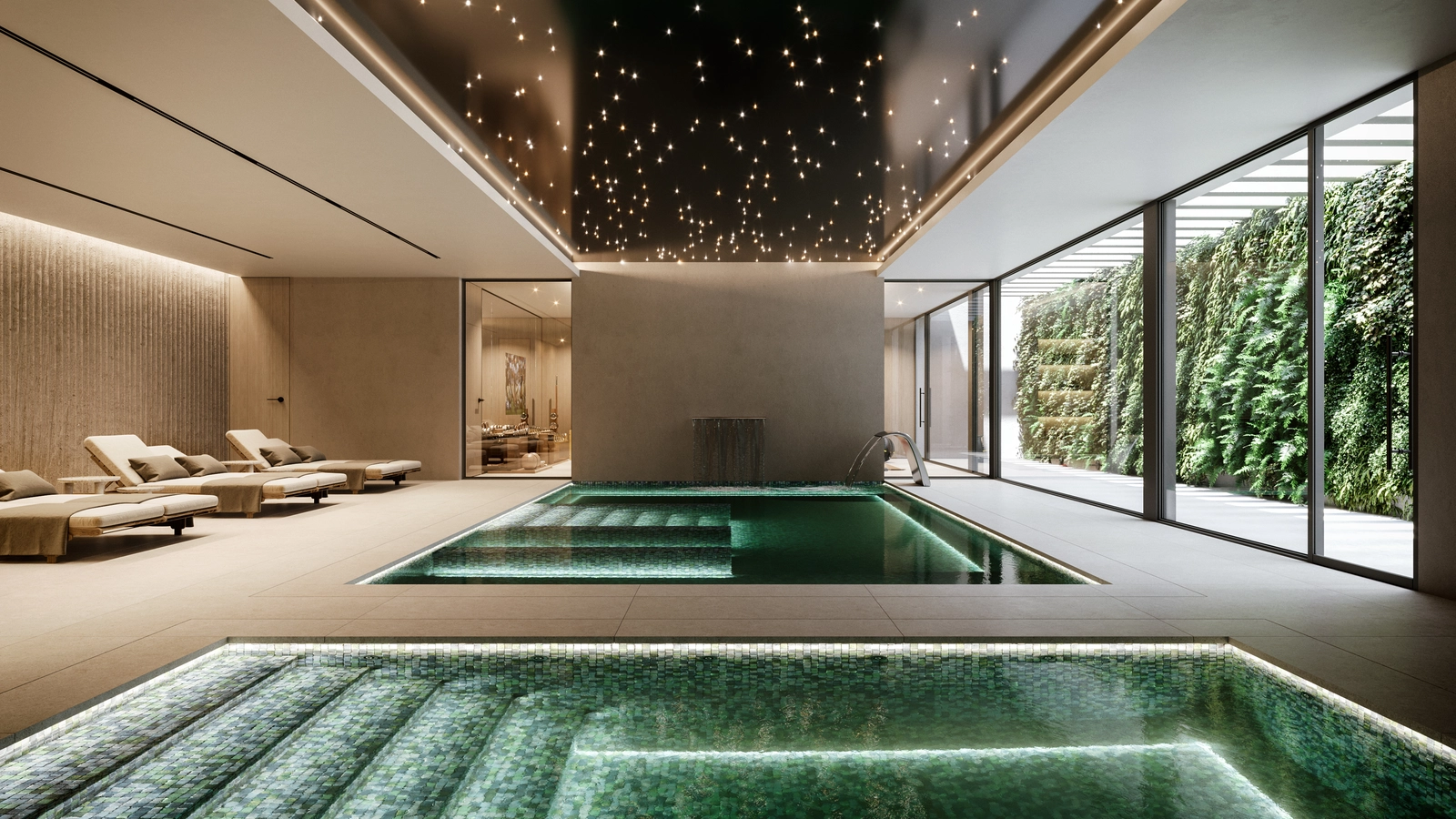 Relájese durante todo el año en el sereno ambiente de la piscina cubierta climatizada y el spa.