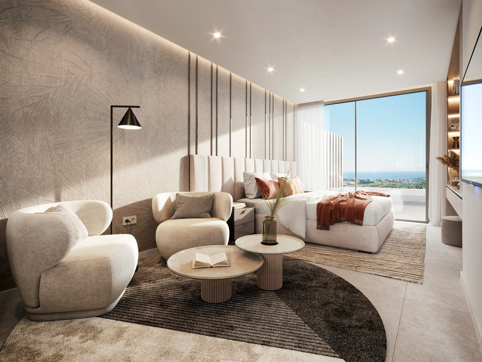 Despierte con impresionantes vistas al mar desde la comodidad de su elegante dormitorio principal.