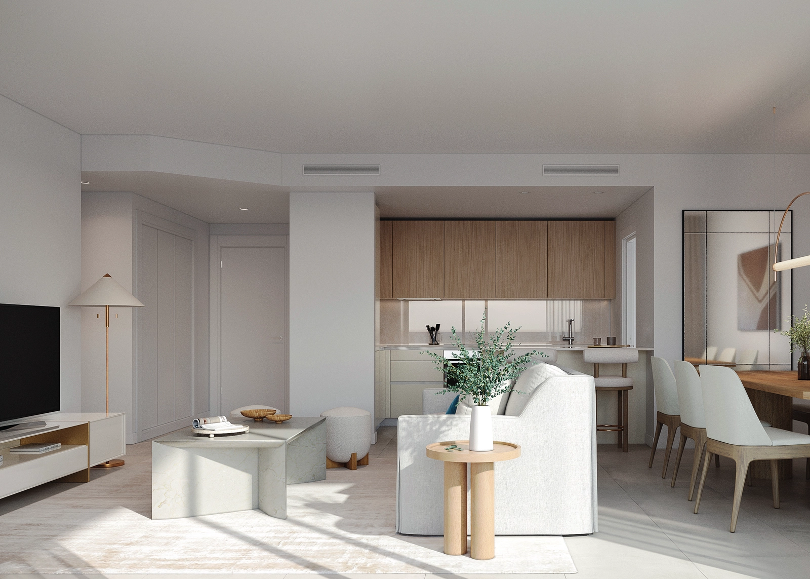 Luminosos y diáfanos espacios de vida que fluyen sin interrupciones, llenos de luz natural.