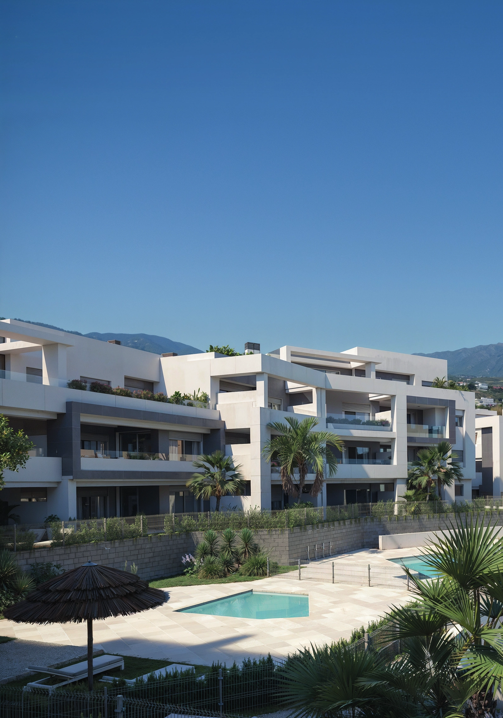Una vista de los elegantes edificios residenciales rodeados de una exuberante vegetación.