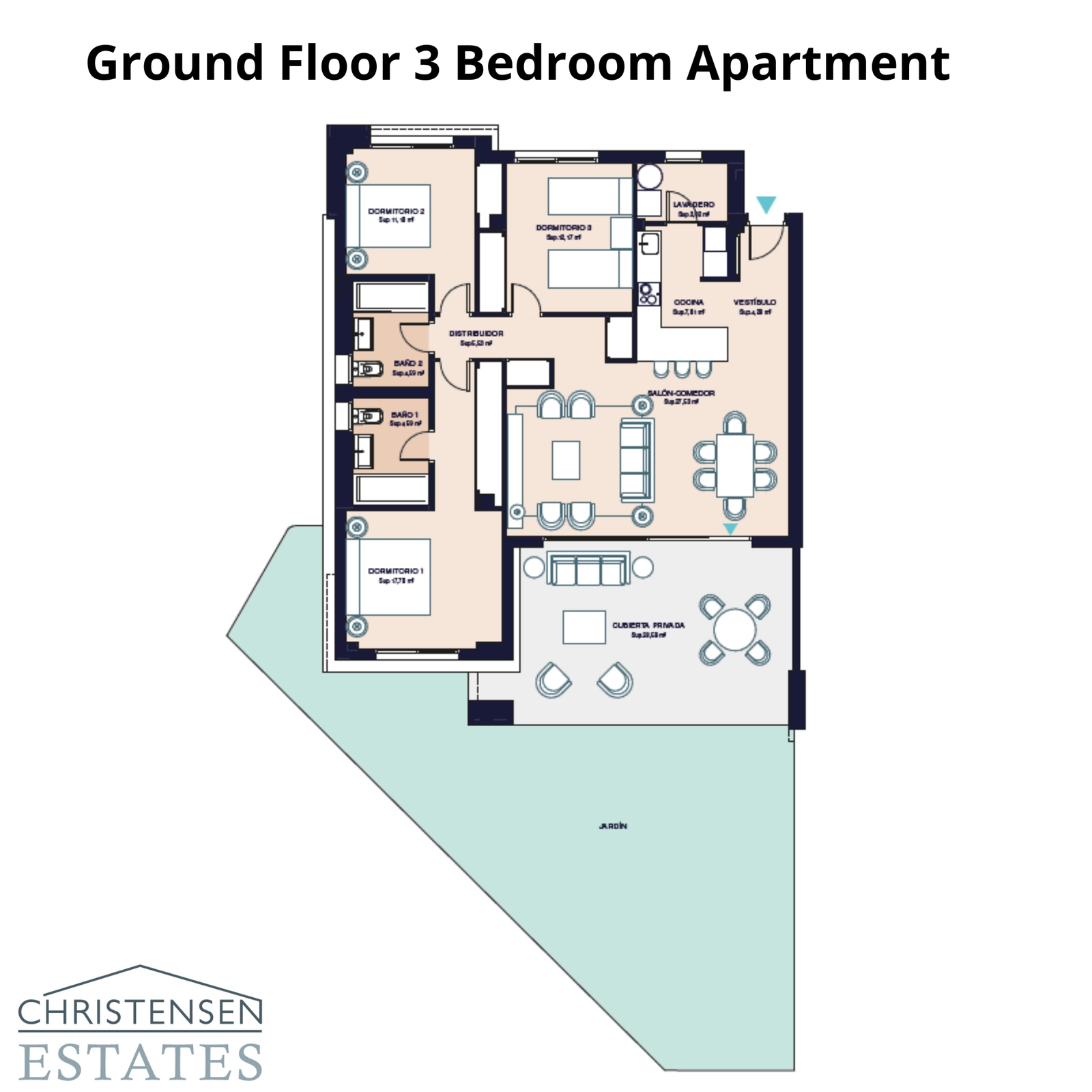 Una espaciosa vivienda en planta baja de tres dormitorios con un generoso jardín privado, creando un espacio ideal para familias y la vida al aire libre.