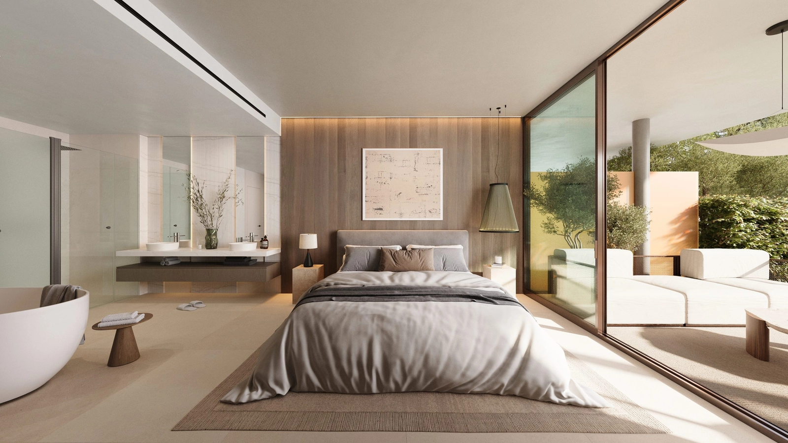 Dormitorio principal con un diseño elegante que conecta con un lujoso espacio de baño, creando un ambiente privado y relajante.