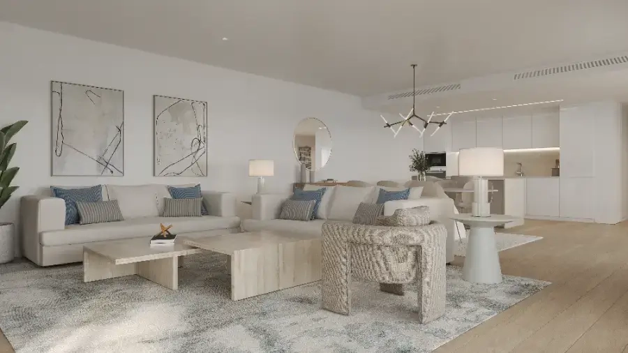 El elegante salón-comedor de planta abierta incluye una moderna cocina completamente equipada.