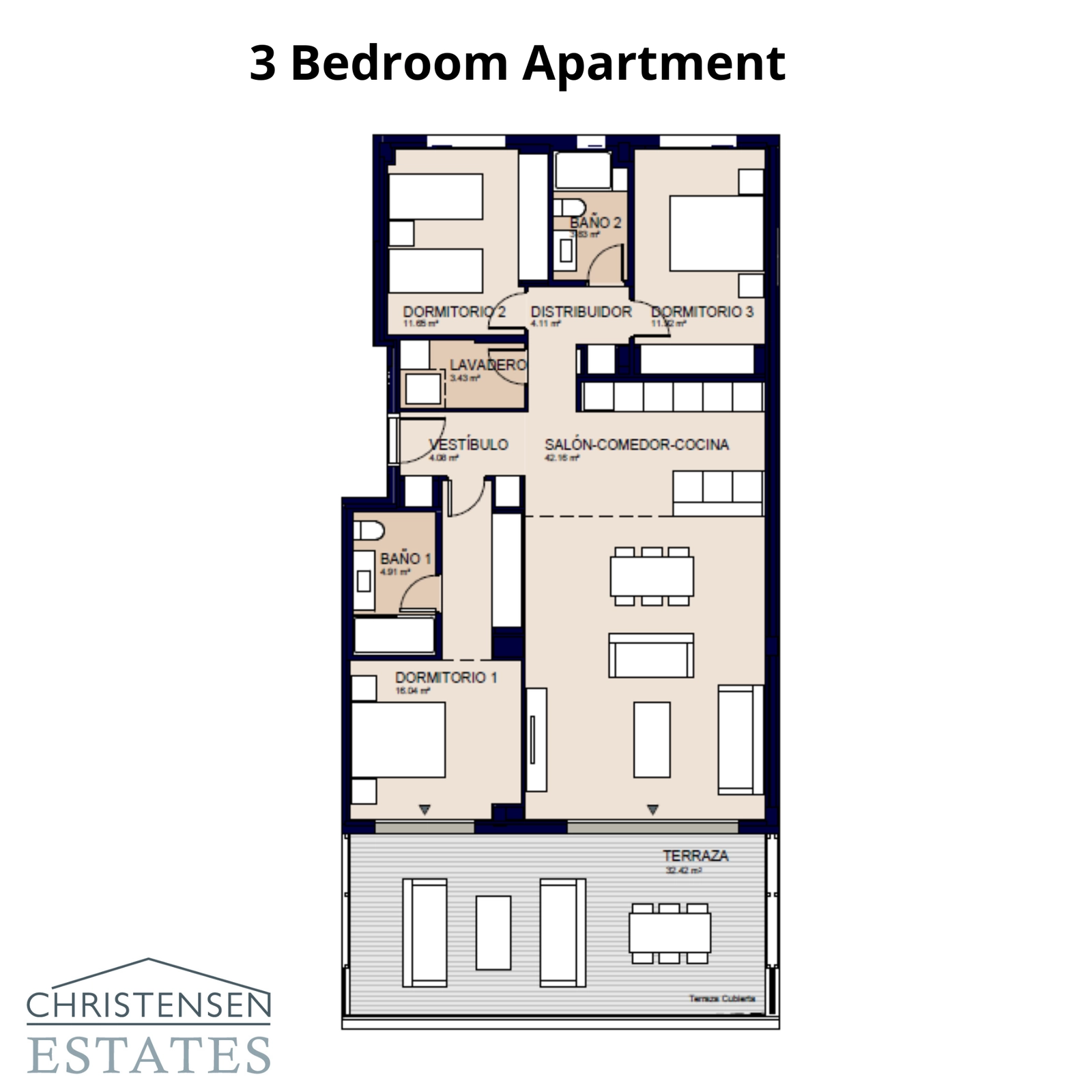 El plano de tres dormitorios ofrece un amplio espacio para familias, con una generosa suite principal y una perfecta integración entre el interior y el exterior.