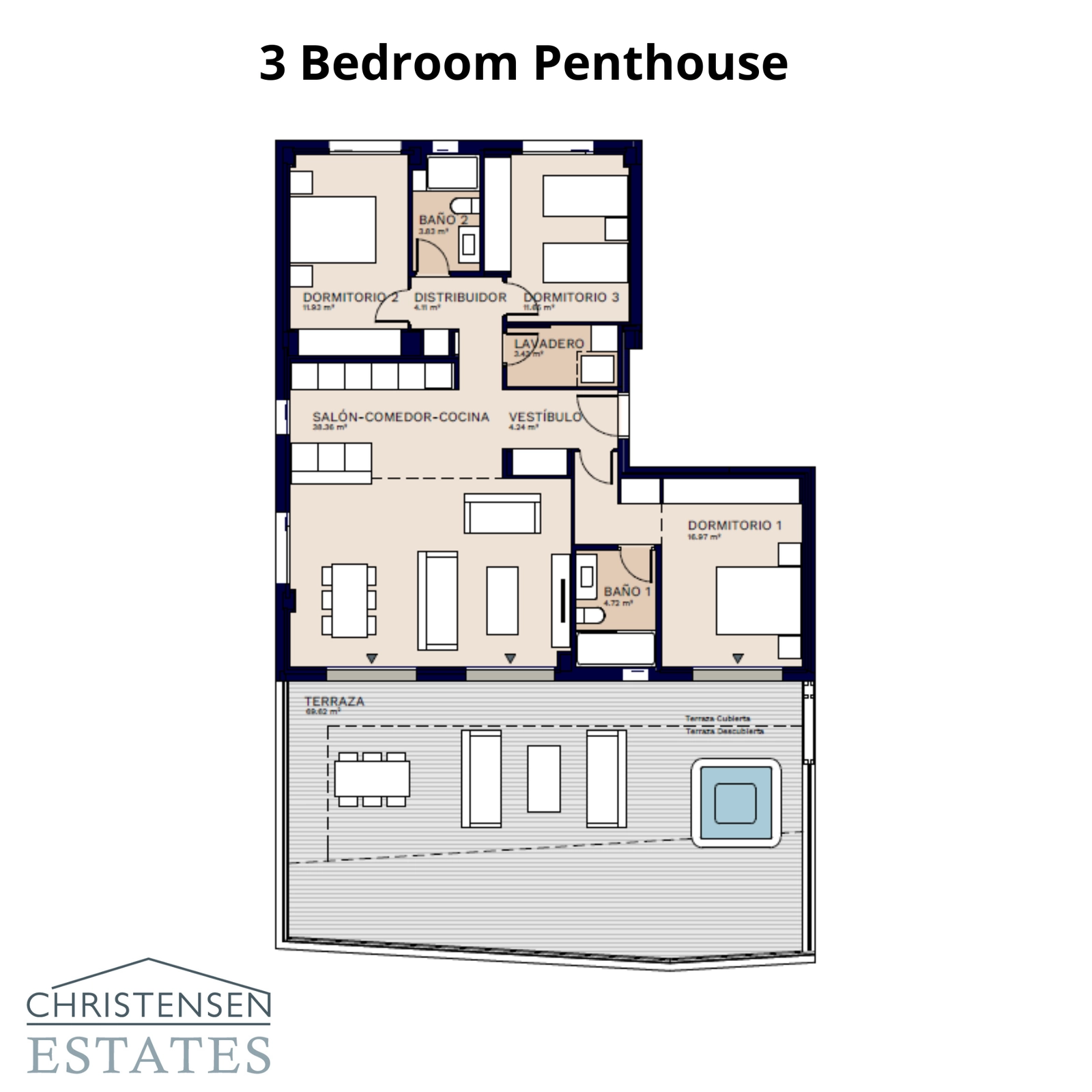 La exclusiva distribución del ático de tres dormitorios cuenta con una amplia terraza, perfecta para disfrutar de las vistas panorámicas al mar de la Costa del Sol.