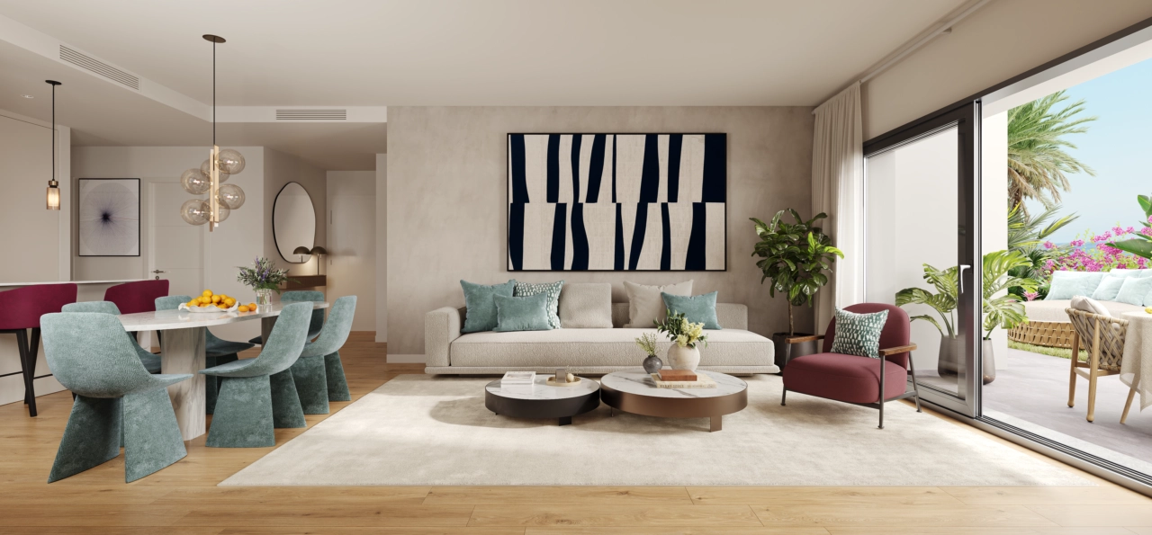 Den elegante stuen er designet for komfort og stil, med store vinduer som slipper inn rikelig med naturlig lys.