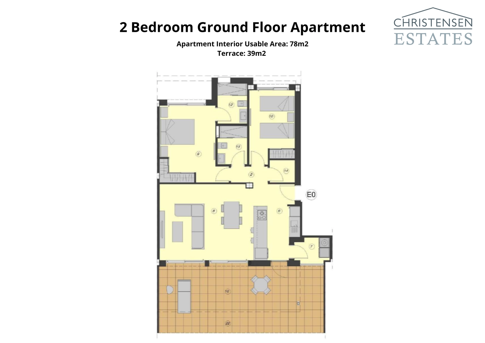 Plantegningen for en leilighet i første etasje med to soverom, designet for komfort med en åpen stue og en romslig privat terrasse.